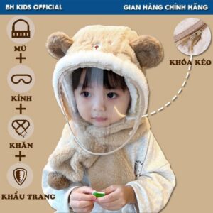 Combo Mũ trùm đầu có kính giữ ấm 4 trong 1 BH Kids cho bé, chống giọt bắn, vải lông cừu, in hình gấu xinh xắn - CH175 Hat