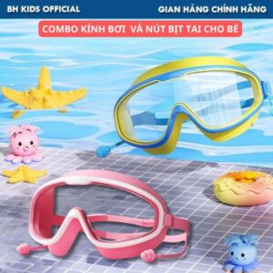 Combo Kính bơi và nút bịt tai không gọng cho bé, góc nhìn rộng, vành Silicon mềm mại, ôm sát khuôn mặt,cho bé 3-12 tuổi