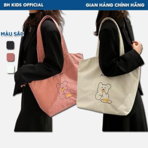 Túi đeo chéo, tote nhung thêu Gấu BH Kids, thời trang, cá tính, đựng vừa Laptop 15.6 inch, Ipad, A4 - CH124 Đeo Vai