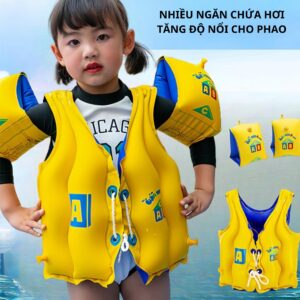 Combo Áo phao - Tay bơi bơm hơi, gấp gọn cho bé từ 2-10 tuổi, chất liệu PVC an toàn cho trẻ em, nhiều ngăn chứa hơi tiện lợi